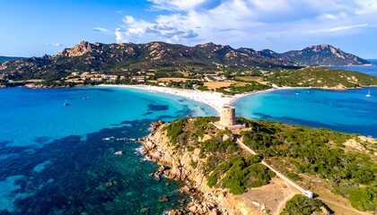 Obraz premium Aerial serene coastal landscape with turquoise waters and rugged mountains