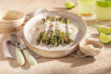 Fresh roasted asparagus as a healthy summer appetizer.