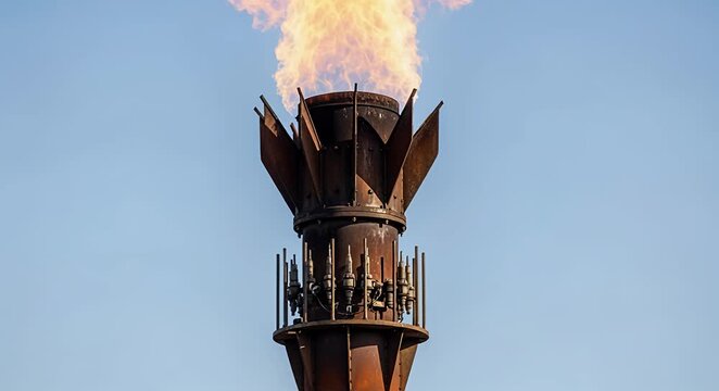 Industrial flare stack burning gas, environmental safety, energy infrastructure flare stack, burning gas.