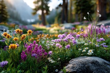Obraz premium Wildflowers blooming in a sunny mountain meadow