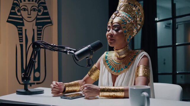 Cleopatra as a modern influencer hosting a podcast: the ancient Egyptian queen in professional recording studio. 