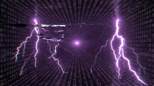 digital lightning tunnel, binary code, data stream, electric storm, abstract
