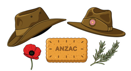 Obraz premium Anzac Day symbols: hats, poppy, biscuit, and rosemary sprigs illustration