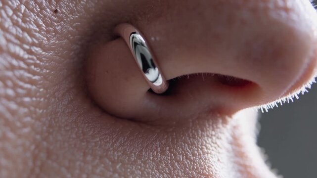 Extreme macro of a silver septum ring with detailed skin texture and nostril close up.