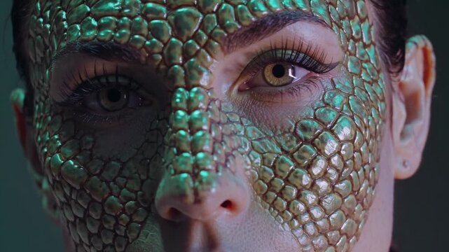 Close-up of a woman with reptilian scale makeup and yellow lizard eyes, fantasy creature or alien transformation.
