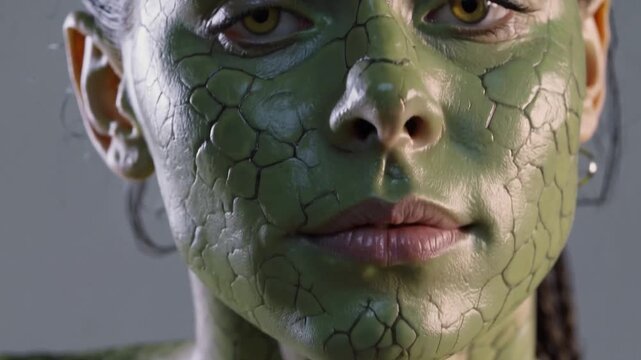 Macro portrait of woman with green dragon scale skin. Close-up of reptilian creature makeup and yellow eyes.