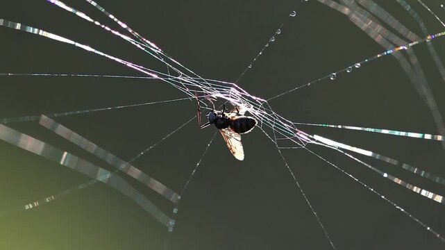 Fly trapped in spider web with morning dew. Macro shot of insect caught in silk threads of cobweb. 
