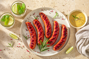 XXX1 roasted sausage with sauces and lime.