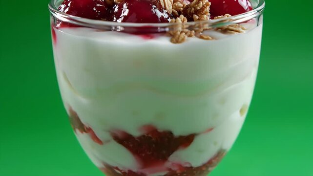 A layered parfait, including yogurt, granola, and cherries, in a clear glass on green