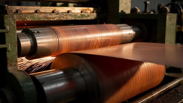 Closeup of reversing mill stand with focused steel strip deformation showcasing precise thickness shaping as surrounding machinery softly fades out.