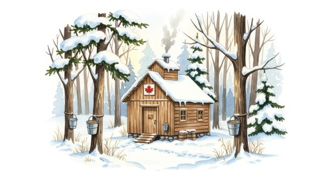 Small wooden sugar shack in a snowy winter forest scene with buckets for maple syrup production. Traditional seasonal art for greeting card.