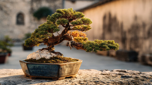 Ancients bonzai tree with twisted trunk and lush green foliage in ceramic pot on stone surface with blurred background in warm sunlight