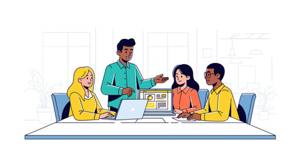 Diverse Team Discussing Project Laptop