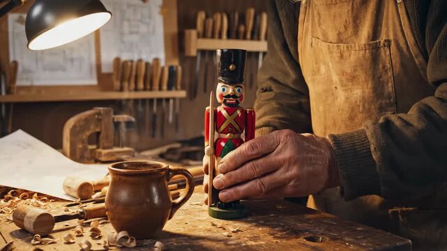 Craftsman meticulously painting a wooden nutcracker in workshop.