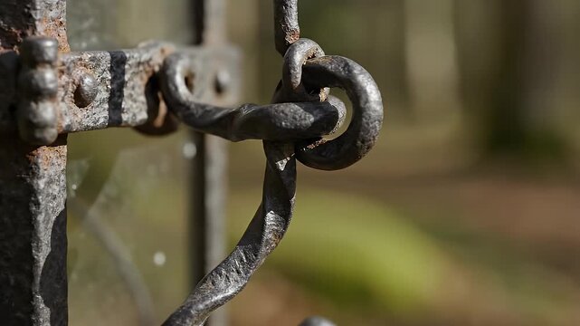 Close-up of a weathered, metal gate latch with a twisted design, blurred green background