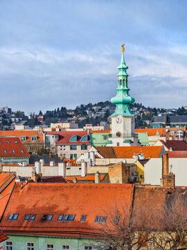 Michael's Tower Spire Rising Above Historic Red Rooftops In Bratislava