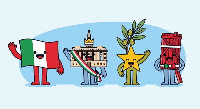 Cute Italian symbols waving hello, representing Italy's culture and heritage