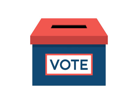 Red and blue ballot box with vote sign on front for elections and voting