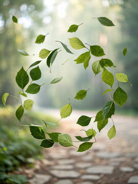 A leafy wreath floats above a stone pathway