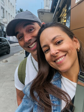 Tourist couple taking a selfie in Tangier, Morocco