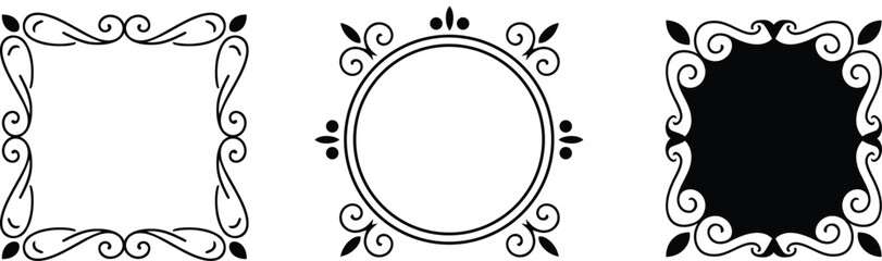 Black and white ornate decorative frames and borders with swirls and floral
