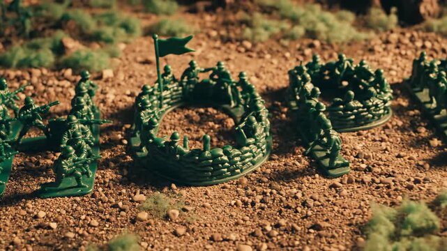 Toy soldiers arranged in a battle formation on a dry landscape.