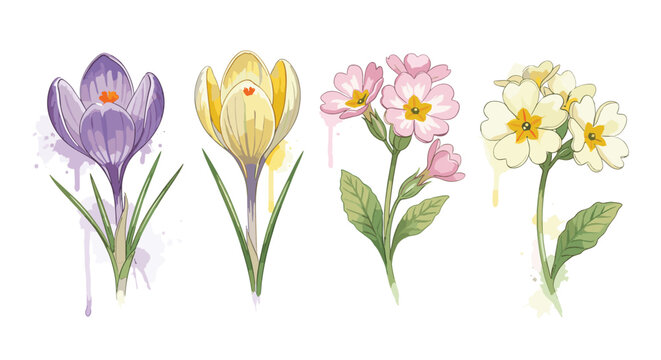 Delicate watercolor illustration of spring flowers including crocuses and primroses