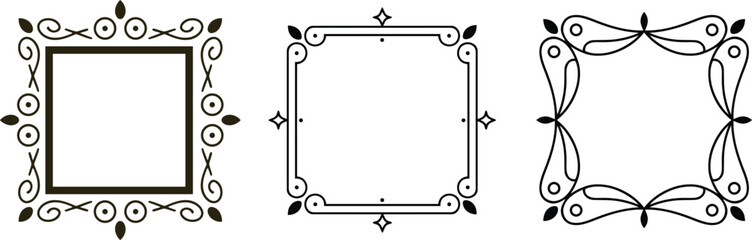 Three black decorative ornamental frames in whote background with floral and geometric border 