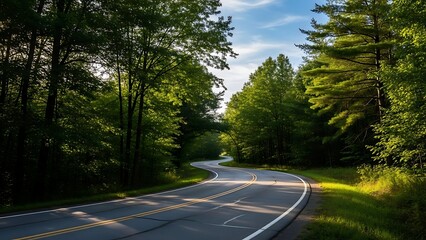 A winding road curves through a lush forest with trees on both sides under a partly cloudy sky © Muhammad