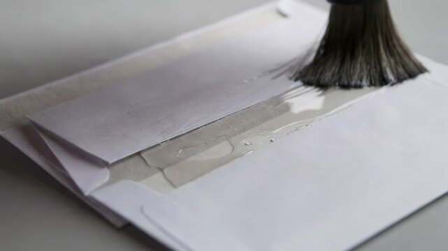 Medium shot of a brush moistener applying water evenly to envelope flaps on a compact sealing station highlighting the gentle yet precise moistening action.