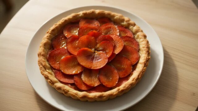 Zoom in shot of fresh homemade plum tart glistening on a wooden table