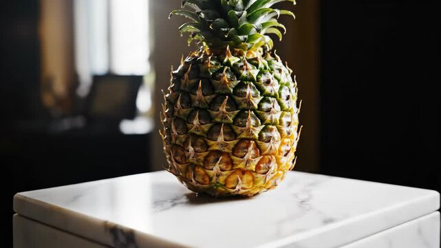 Whole ripe pineapple fruit on a marble surface with dark background.
