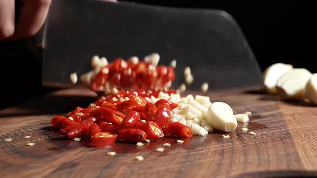 Hand uses a cleaver to chop red chili peppers and garlic on a wooden board