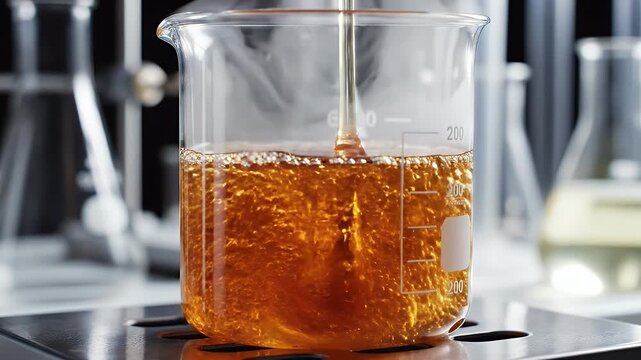 A glass beaker bubbles with amber liquid as a substance streams into it