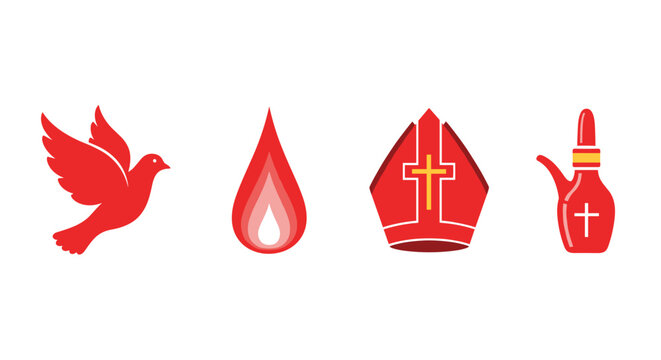 Christian symbols including a dove, flame, mitre, and holy water sprinkler in red