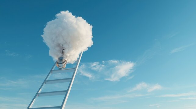 A slender aluminum ladder extends into a large white cloud against a blue sky with scattered clouds
