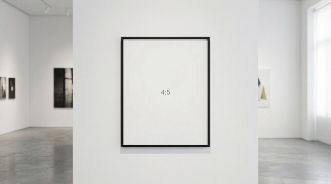 Empty 4:5 black framed picture on a white wall in a bright modern art gallery with other artwork visible