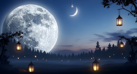 A serene nighttime scene with a large moon and lanterns aglow
