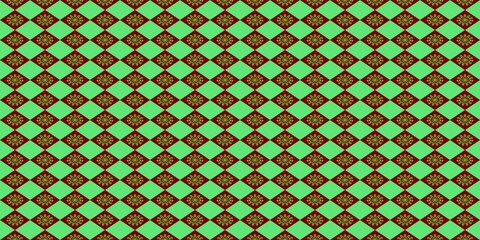 Seamless geometric harlequin pattern with mandalas. Emerald green and maroon diamond background for luxury textiles, festive gift wrapping, and elegant digital wallpapers.