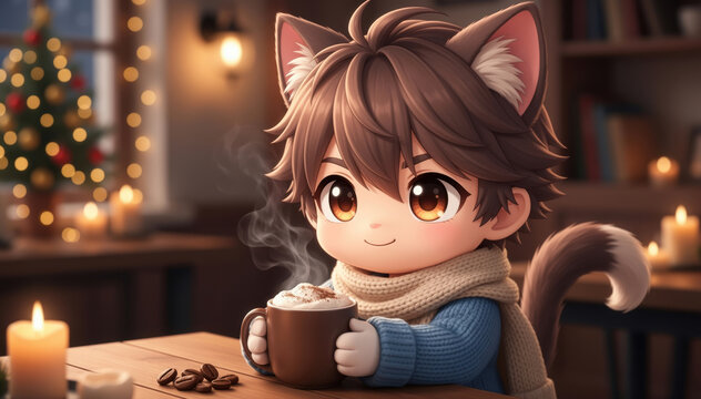 Cozy Christmas Catboy with Hot Chocolate: An anime-inspired catboy, warm and content, sips hot chocolate beside a Christmas tree and candles, capturing the spirit of winter comfort and holiday cheer.