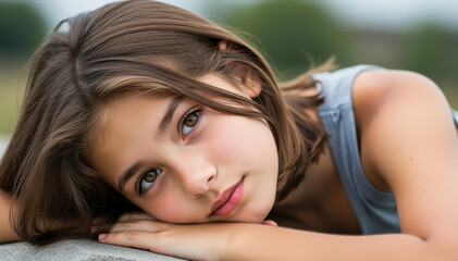Fototapeta premium Youthful Serenity: A young girl gazes with gentle eyes, emanating tranquility, lying outdoors.