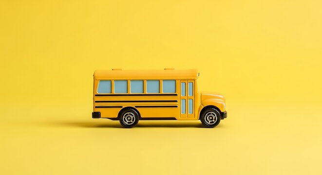 A small yellow school bus toy is sitting on a bright yellow background