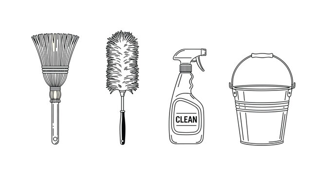 Set of cleaning tools including a broom, duster, spray bottle, and bucket in a line drawing style