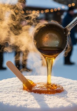 Hot maple taffy being poured onto fresh snow from a ladle. Traditional Canadian sweet food preparation for winter festival.