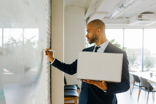 Professional businessman writing ideas on office whiteboard