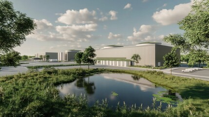 Obraz premium Modern Futuristic Industrial Storage Facility with Natural Surroundings