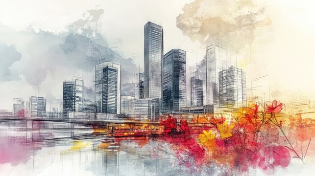 A city skyline with a bridge and a flower