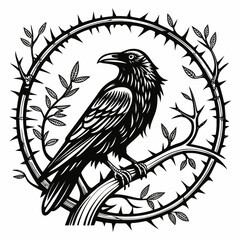 Obraz premium Intricate black and white linocut style raven perched on thorny branch within circular bramble frame