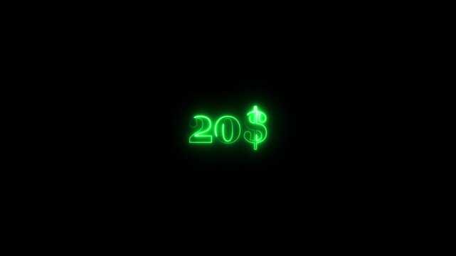 Dollar symbol animation on black background. Glowing neon green color dollar logo icon animated. Neon twenty dollar sign. 4k video