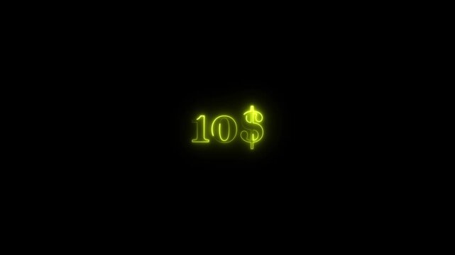 Dollar symbol animation on black background. Glowing neon yellow color dollar logo icon animated